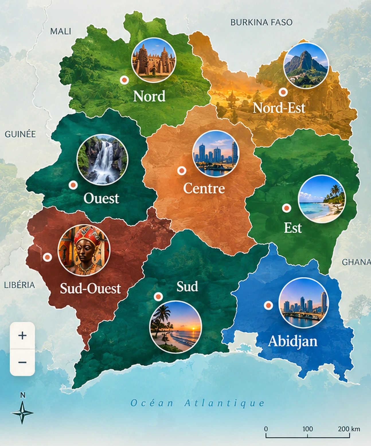 Carte touristique interactive de la Côte d’Ivoire par grandes zones