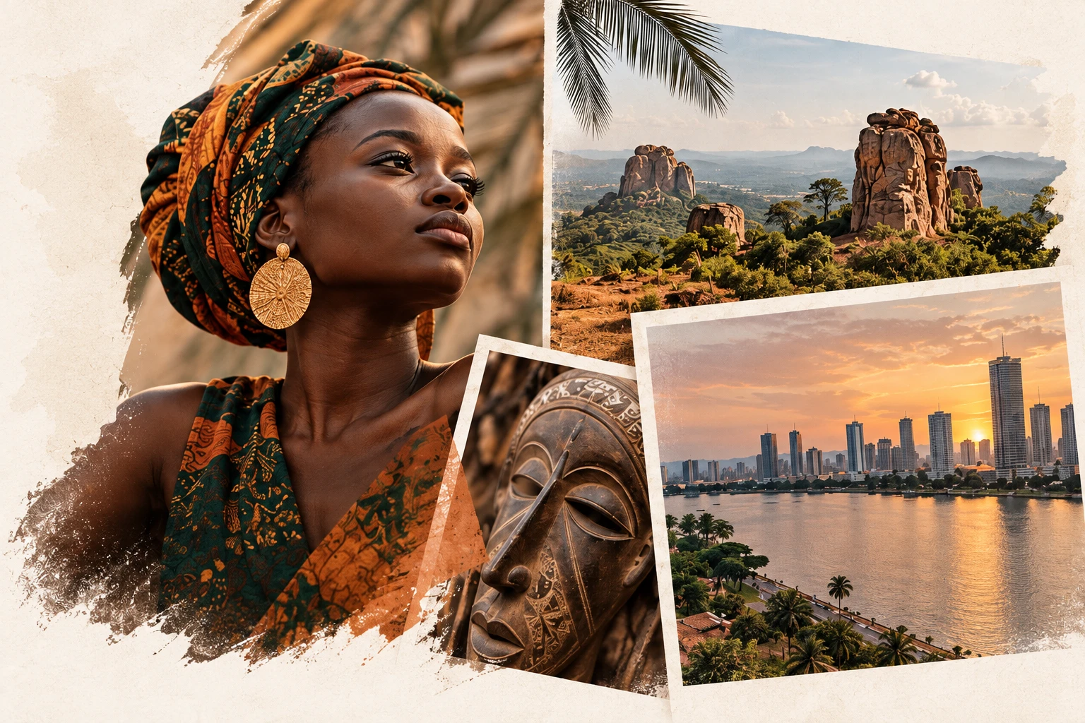 Composition illustrée : portrait, paysages rocheux, masque sculpté et lagune d’Abidjan